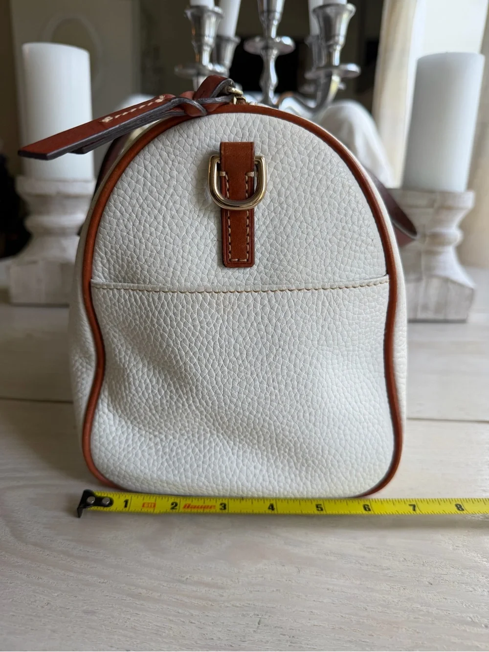 Dooney & Bourke White Pebble Leather Satchel with Brown Trim and Strap